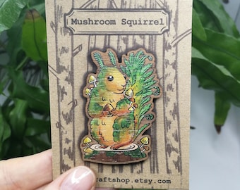 MUSHROOM SQUIRREL PIN | Wooden pin | Squirrel with mushrooms