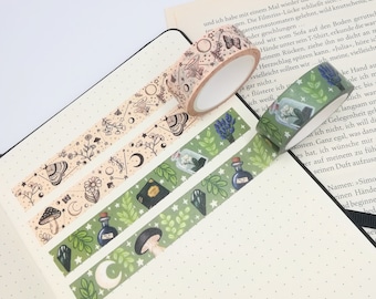 Green Witch WASHI TAPE | 10m | alchemy pattern | crystals, plants, witch, mushrooms | journal, planner