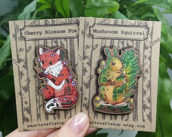 MYSTIC CREATURES SET | Wooden pins | Squirrel & Fox | Forest