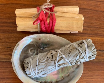 Kit di fragranze sacre: salvia bianca, palo santo e conchiglia di abalone