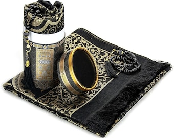 Muslim Prayer Rug and Prayer Beads with Elegant Design Cylinder Gift Box | Janamaz | Sajadah | Soft Islamic Gifts Set