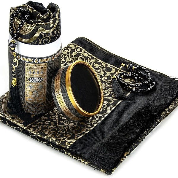 Muslim Prayer Rug and Prayer Beads with Elegant Design Cylinder Gift Box | Janamaz | Sajadah | Soft Islamic Gifts Set