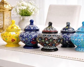 Juego de azucareros de cerámica turca pintados a mano – Tarros decorativos con tapa de colores