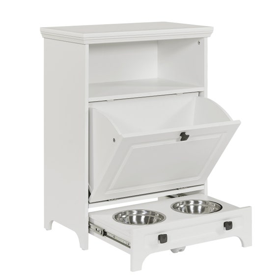 Elevated dog bowl stand with storage shelves 2 bowls included