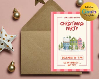 Pink Christmas Party Invitation | Editable Canva Template | Holiday Party Invite | Instant Download
