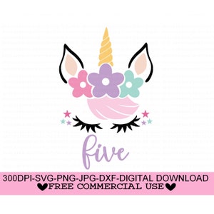 5e anniversaire de Licorne, Svg Licorne, 5e anniversaire de fille Svg, Cinq Svg, Png, Jpg, Dxf, Conception De Chemise Anniversaire Licorne, Silhouette, Cricut