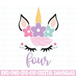4° compleanno unicorno ragazza Svg Png Jpg Dxf quattro file Svg Cut Download immediato