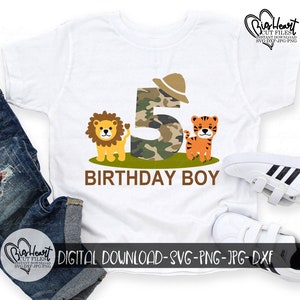 Safari Jungle 5e verjaardag jongen Svg, Png, Jpg, Dxf, Lion Tiger vijfde verjaardag Svg, Safari verjaardag Svg, silhouet, Cricut, sublimatie