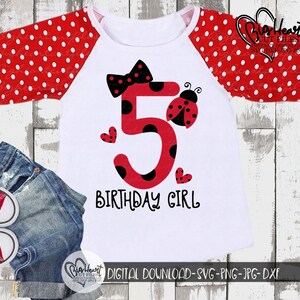 Ladybug 5th Birthday Girl Svg, Png, Jpg, Dxf, Fifth Birthday Svg, Girl Birthday Svg, 5 Svg, Ladybug Design, Silhouette, Cricut, Sublimation