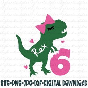 T Rex verjaardag Svg, dinosaurus verjaardag meisje Svg, Six Rex dinosaurus Svg, 6e verjaardag Svg, zesde verjaardag Svg, png, jpg, dxf, silhouet, Cricut