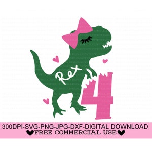 T Rex Birthday Girl Svg, Dinossauro Svg, Quatro Rex Dinossauro Svg, 4º Aniversário Svg, Quarto Aniversário Svg, Png,Jpg,Dxf, Silhueta, Cricut Cut