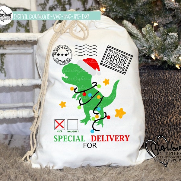 Dinosaur Santa Sack Svg, Png, Jpg, Dxf Design, T-Rex Santa Bag Svg Design, Santa Toy Bag Design, Santa Bag Cut File, Silhouette, Cricut