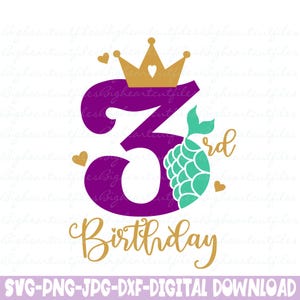 Meerjungfrau 3. Geburtstag Mädchen Clipart Png Jpg Dxf Geburtstag Meerjungfrau Silhouette und Cricut Schnitt Datei digitaler Download