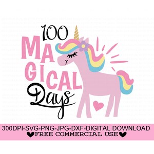 100 魔法の日々 SVG、Png、Jpg、Dxf、ユニコーン SVG、学校 100 日目 SVG、学校 SVG、学校シャツ デザイン、シルエット、クリカット、昇華