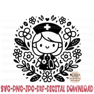 Verpleegkundige Svg Png Jpg Dxf Floral verpleegkundige silhouet en Cricut Cut bestand digitale download
