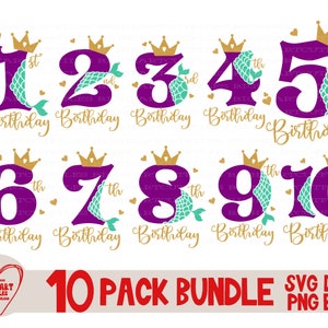 Ensemble Svg d'anniversaire, Svg numéros d'anniversaire, Png Dxf, Svg numéros d'anniversaire de sirène, Fête sirène, Lot de chiffres Svg, Silhouette, Cricut