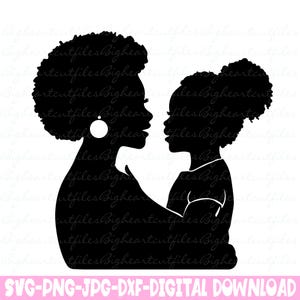 黒人の母と娘 SVG アフリカ系アメリカ人の母と子のシルエット SVG PNG Jpg Dxf 母の日インスタントダウンロード