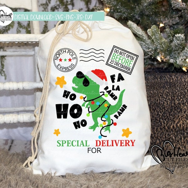 Dinosaur Santa Sack Svg, Png, Jpg, Dxf Design, T-Rex Santa Bag Svg Design, Santa Toy Bag Design, Santa Bag Cut File, Silhouette, Cricut