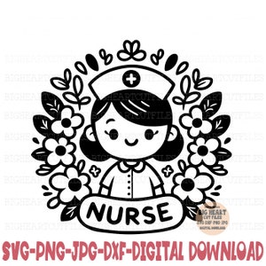 Verpleegkundige Svg Png Jpg Dxf Floral verpleegkundige silhouet en Cricut Cut bestand digitale download