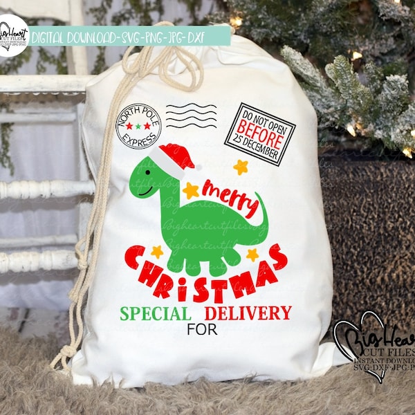 Dinosaur Santa Sack Svg, Png, Jpg, Dxf Design, Cute Dino Santa Bag Svg Design, Santa Toy Bag Design, Santa Bag Cut File, Silhouette, Cricut