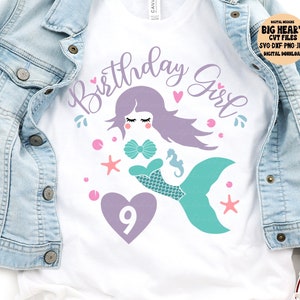 Meerjungfrau 9. Geburtstag Mädchen Schmuck, Png, Jpg, Dxf, Meerjungfrau Geburtstag Shirt, Meerjungfrau Geburtstag Shirt, Silhouette Schnittdatei, Cricut Schnitt Datei