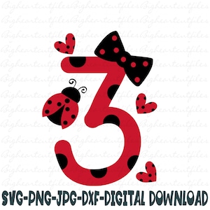 てんとう虫 3 歳の誕生日 SVG PNG Jpg DXF 女の子 3 歳の誕生日 3 SVG シルエットと Cricut カット ファイル デジタル ダウンロード