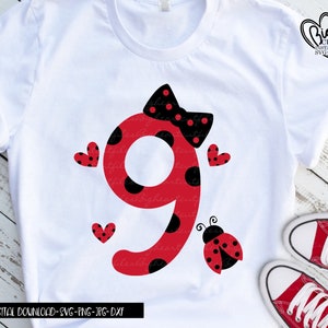 Coccinelle 9e anniversaire Svg, Png, Jpg, Dxf, Svg neuvième anniversaire fille, Svg anniversaire fille, 9 Svg, dessins de coccinelles, Silhouette, Cricut, Sublimation