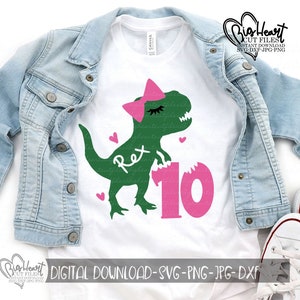 T Rex Birthday Svg, Png, Jpg, Dxf, Girl Dinosaur Svg, 10th Birthday Svg, Tenth Birthday Svg, Dinosaur Birthday Design, Silhouette, Cricut