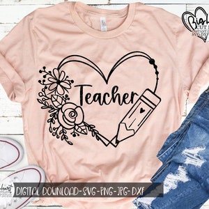 Corazón de maestro Svg, Png, Jpg, Dxf, Archivo de corte de maestro, Primer día de clases Svg, Regreso a clases Svg, Diseño de camiseta escolar, Silueta, Cricut