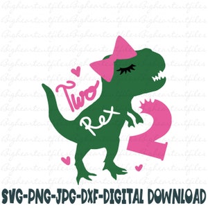 T-Rex Geburtstags-Svg, Dinosaurier-Svg, zwei Rex Dinosaurier-Geburtstags-Mädchen-Svg, 2. Geburtstags-Svg, zweiter Geburtstags-Svg, Png, Jpg, Dxf, Silhouette, Cricut