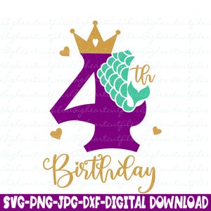 Zeemeermin 4e verjaardag Svg Png Jpg Dxf silhouet en Cricut Cut bestanden digitale download