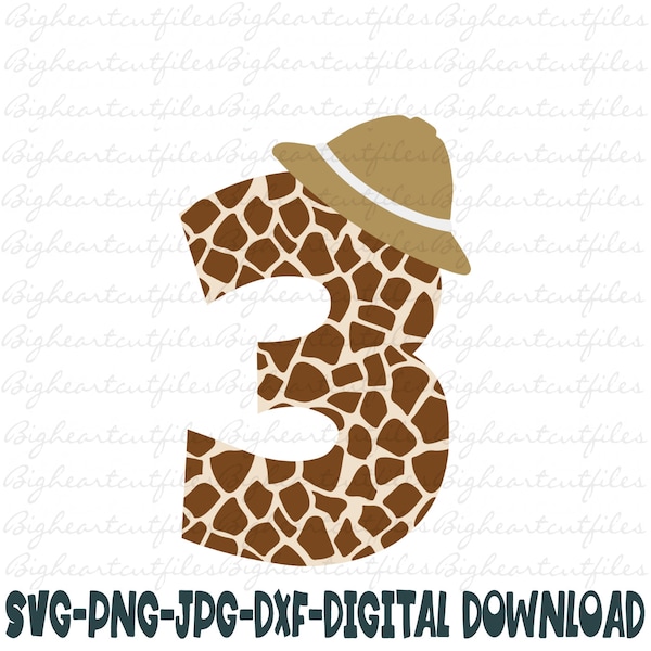 Giraffe Number 3 Svg, Png, Jpg, Dxf, Safari Jungle 3rd Birthday Svg, Jungle Third Birthday Svg, Safari Birthday Svg, Silhouette, Cricut