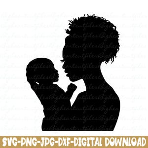 Mamá afro y bebé Svg Silueta de madre e hijo negros Svg Png Jpg Dxf Día de la madre, descarga instantánea
