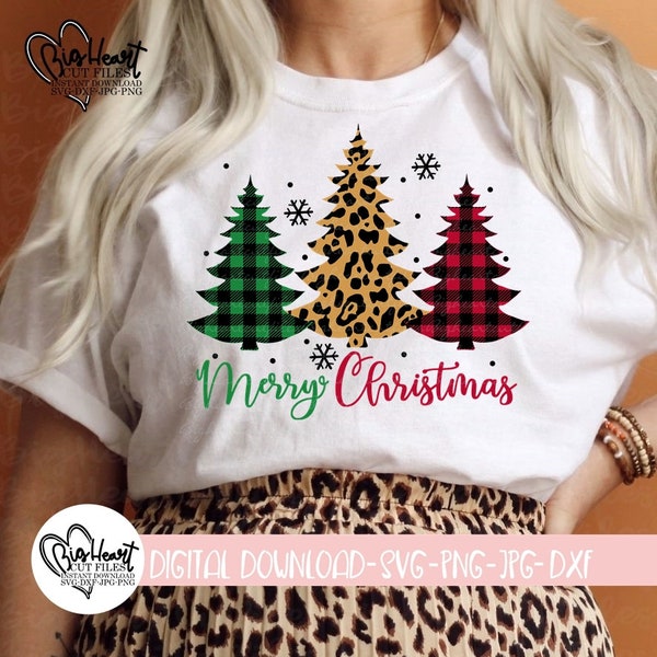 Merry Christmas Svg, Png, Jpg, Dxf, Buffalo Plaid Pine Tree Svg, Leopard Pine Tree Svg, Christmas Trees Svg, Silhouette, Cricut, Sublimation