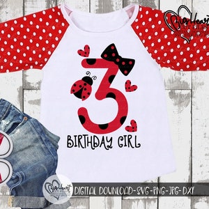 Ladybug 3rd Birthday Girl Svg, Png, Jpg, Dxf, Ragazza Terzo Compleanno Svg, Compleanno Svg, 3 Svg, Disegno Coccinella, Silhouette, Cricut, Sublimazione