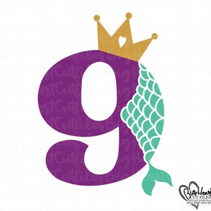 Sirène 9e anniversaire fille Svg, Png, Jpg, Dxf, 9e Svg, anniversaire sirène Svg, neuvième anniversaire Svg, numéro de sirène avec couronne Svg, silhouette, Cricut