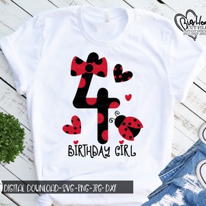 てんとう虫 4 歳の誕生日の女の子 SVG、Png、Jpg、Dxf、4 歳の誕生日 SVG、女の子の誕生日 SVG、4 SVG、てんとう虫のデザイン、シルエット、クリカット、昇華