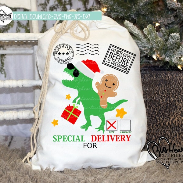 Dinosaur Santa Sack Svg, Png, Jpg, Dxf Design, T-Rex Santa Bag Svg Design, Santa Toy Bag Design, Santa Bag Cut File, Silhouette, Cricut