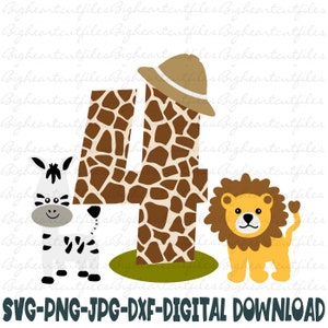 Safari-Dschungel-4. Geburtstag-Svg, Png, Jpg, Dxf, Löwe Zebra-Dschungel-vierter Geburtstag-Svg, Safari-Geburtstag-Svg, Silhouette, Cricut, Sublimation
