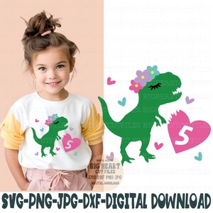5e verjaardag meisje Svg Png Jpg Dxf dinosaurus verjaardag ontwerp silhouet en Cricut gesneden bestand digitale download