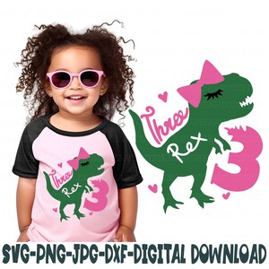 T Rex Cumpleaños Niña Svg, Dinosaurio Svg, Dinosaurio Tres Rex Svg, 3er Cumpleaños Svg, Tercer Cumpleaños Svg, Png, Jpg, Dxf, Niña Trex, Silueta, Cricut