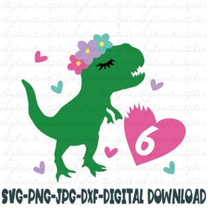 T Rex verjaardag Svg, dinosaurus verjaardag meisje Svg, Six Rex dinosaurus Svg, 6e verjaardag Svg, zesde verjaardag Svg, png, jpg, dxf, silhouet, Cricut