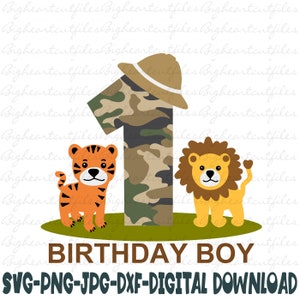 Safari jungle 1er anniversaire de garçon Svg, Png, Jpg, Dxf, Svg premier anniversaire de la jungle du tigre lion, Svg anniversaire garçon, Silhouette, Cricut, Sublimation