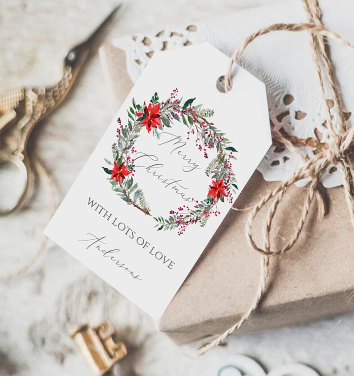 Christmas Wreath Tag Template Rustic Christmas Gift Tag | Etsy
