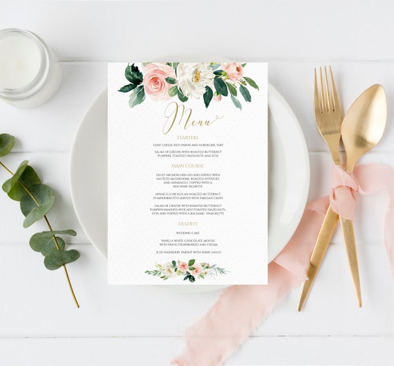 Blush Floral Wedding Menu Gold Menu Template Blush Wedding Etsy