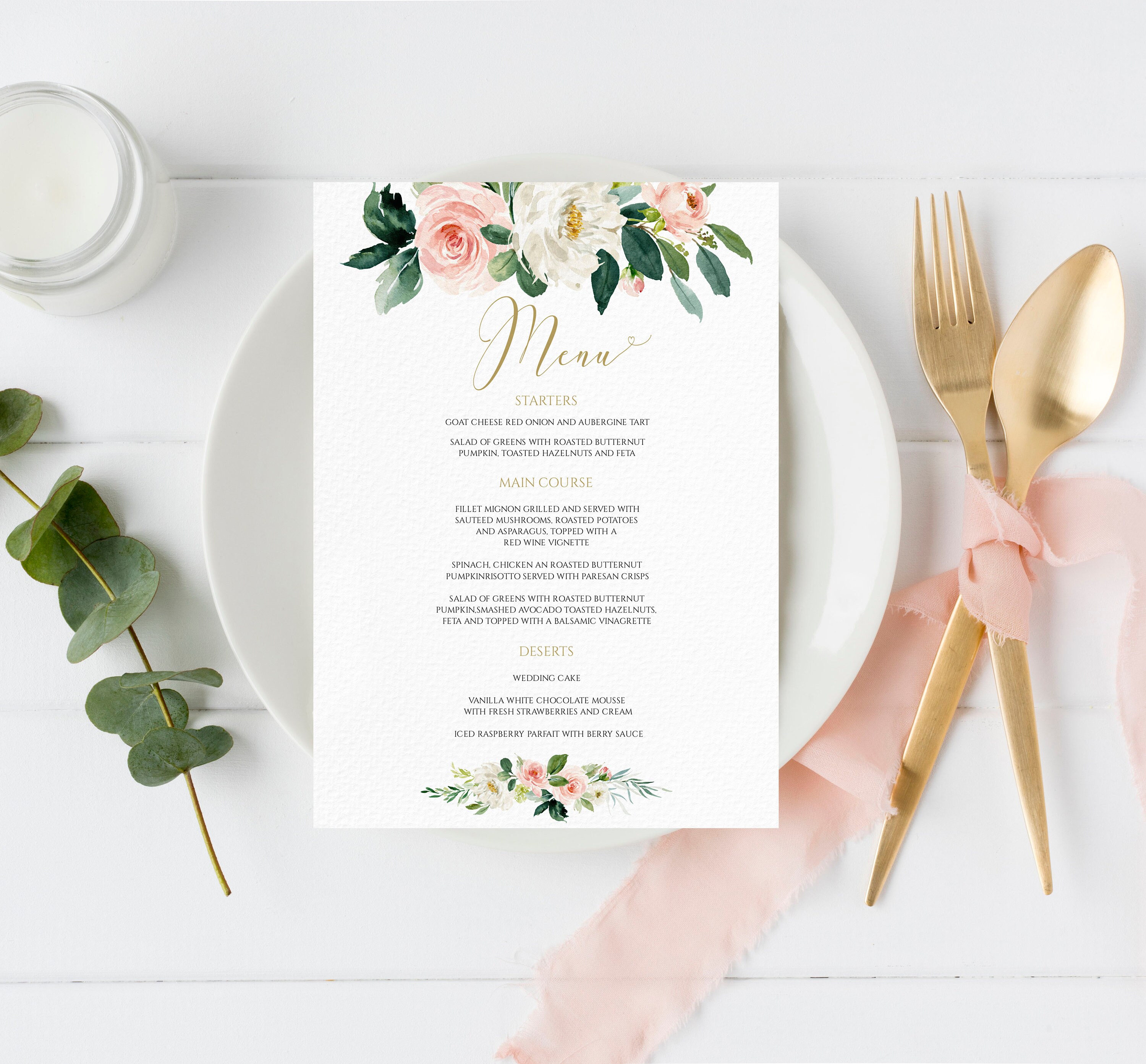 Blush Floral Wedding Menu Gold Menu Template Blush Wedding Etsy