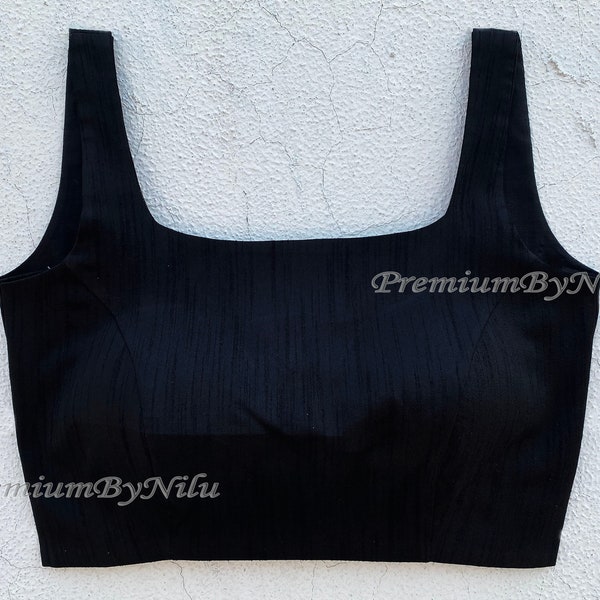 Black silk sleeveless readymade saree blouse square neck deep back openable from back side  with hooks and padded