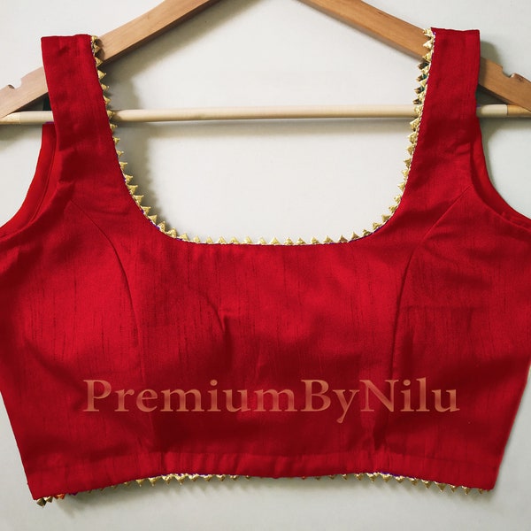 Red readymade saree blouse sleeveless silk blouse for saree with golden lace and from back side openable with hooks