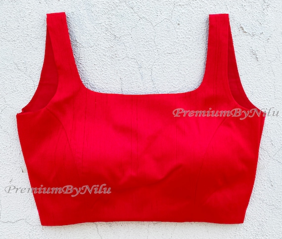 Red silk sleeveless readymade saree blouse square neck deep back openable  from back side with hooks and padded