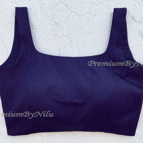 Navy Blue silk sleeveless readymade saree blouse square neck deep back openable from back side  with hooks and padded